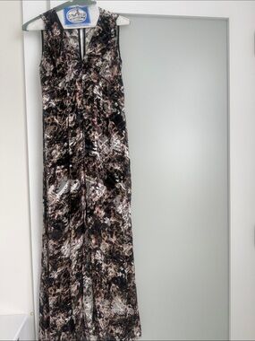 Andrew Marc Sleeveless Maxi Dress in Black, Brown, Cream Print